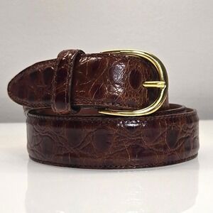 Vintage 90s Cole Haan Dress Belt 36 Brown Croc Embossed Leather Brass Y2K Preppy